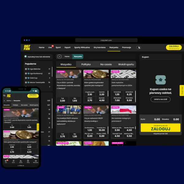 Desktop and mobile screens of a betting app.