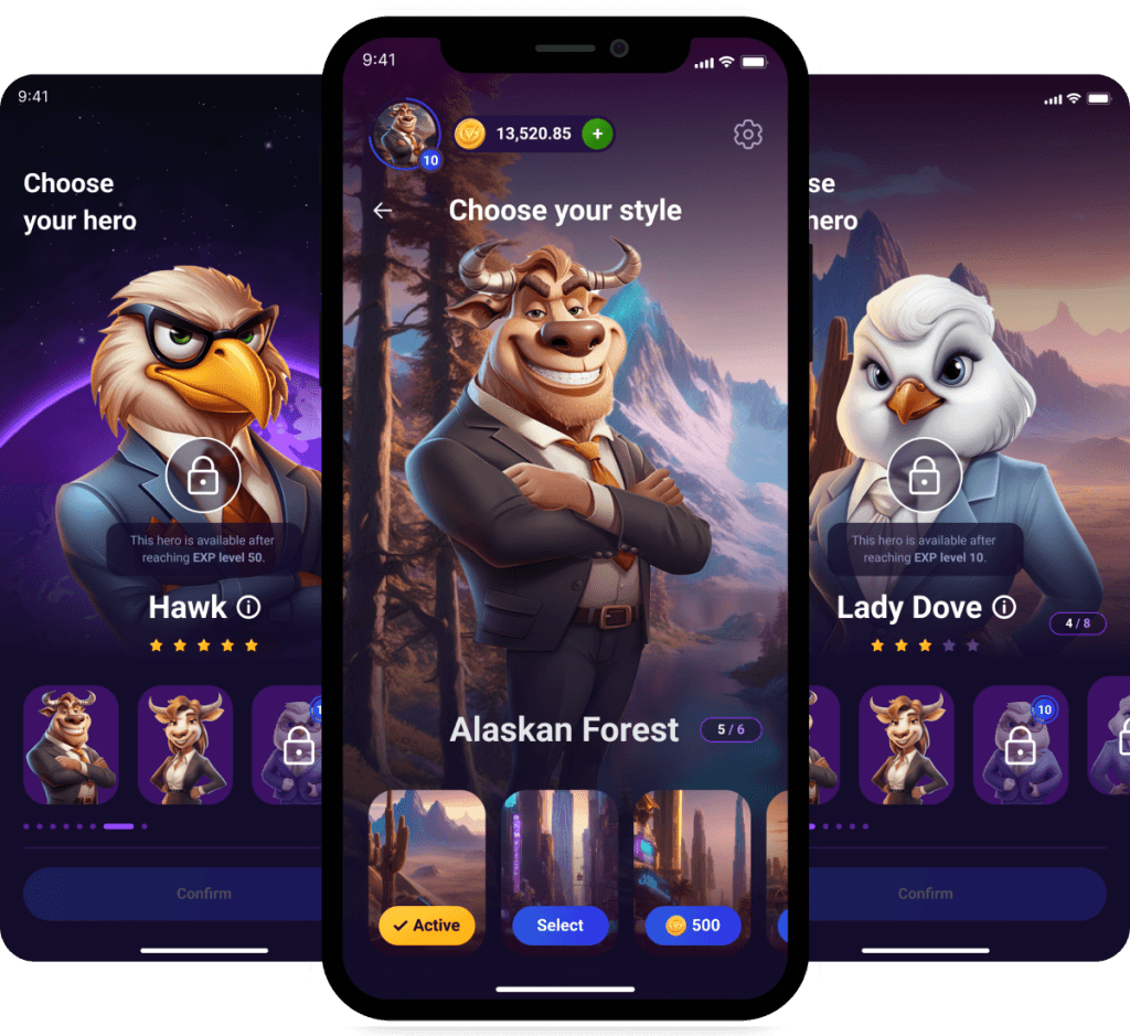 Three mobile screens showing characters customization.