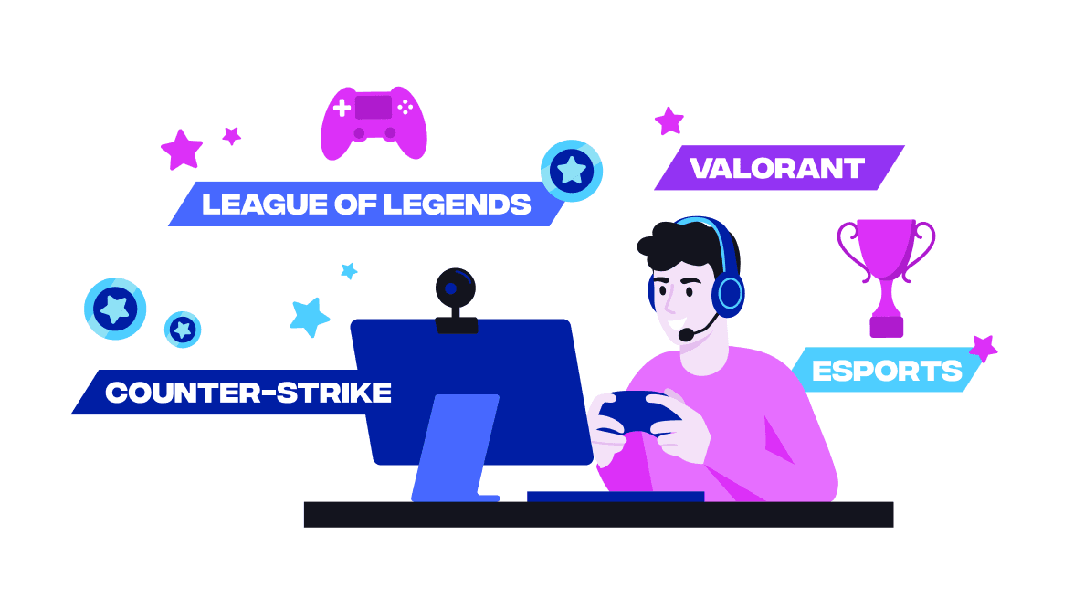 The graphic showing an esport player with names of popular games around him.