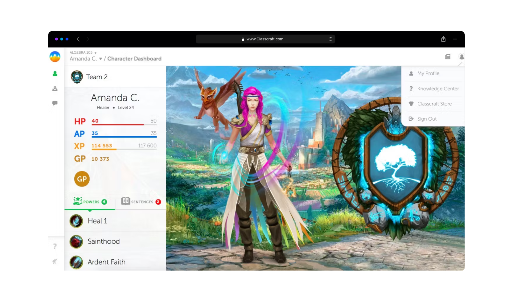 Classcraft gamification screen.