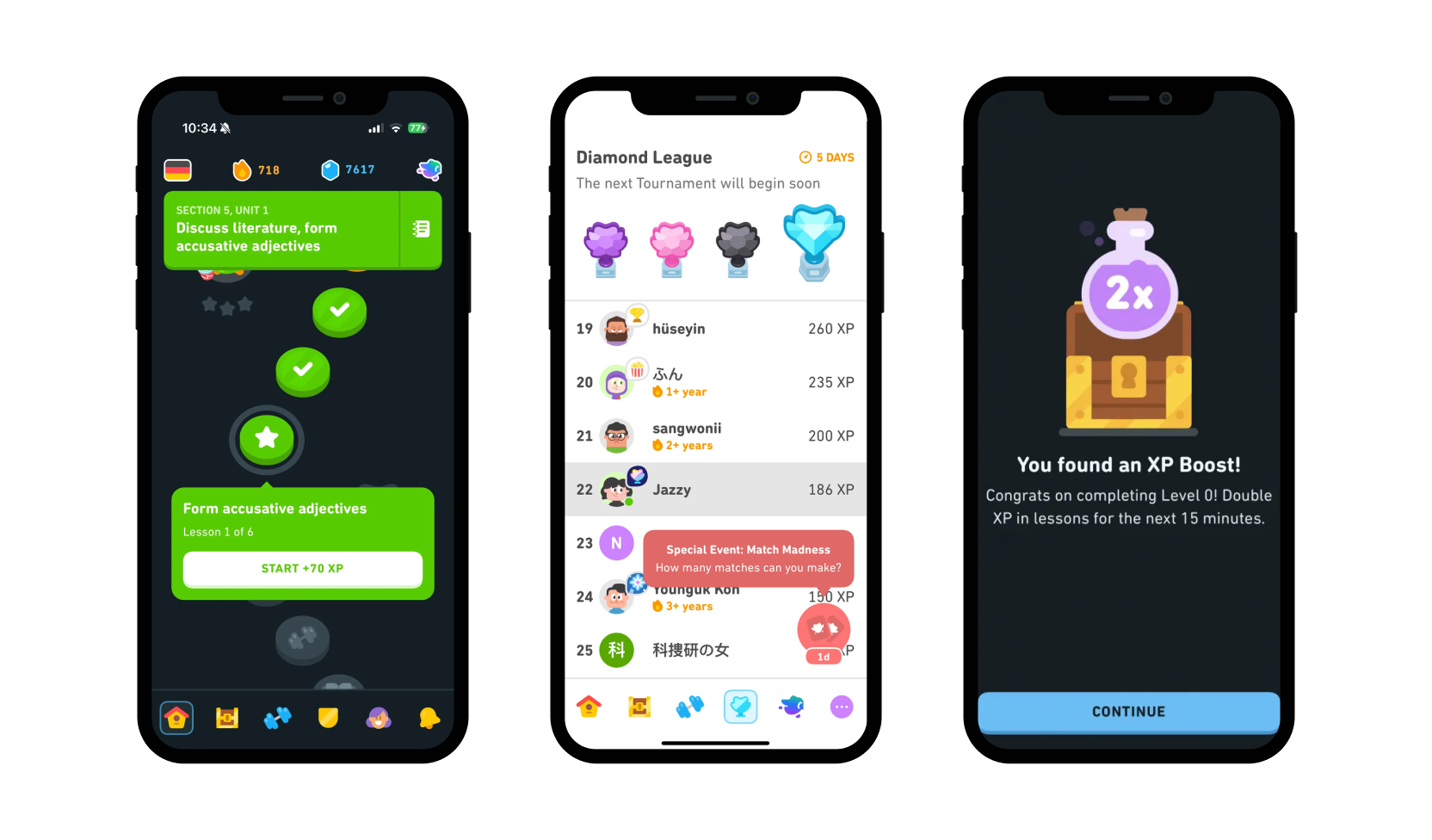 Three screens presenting the Duolingo app.