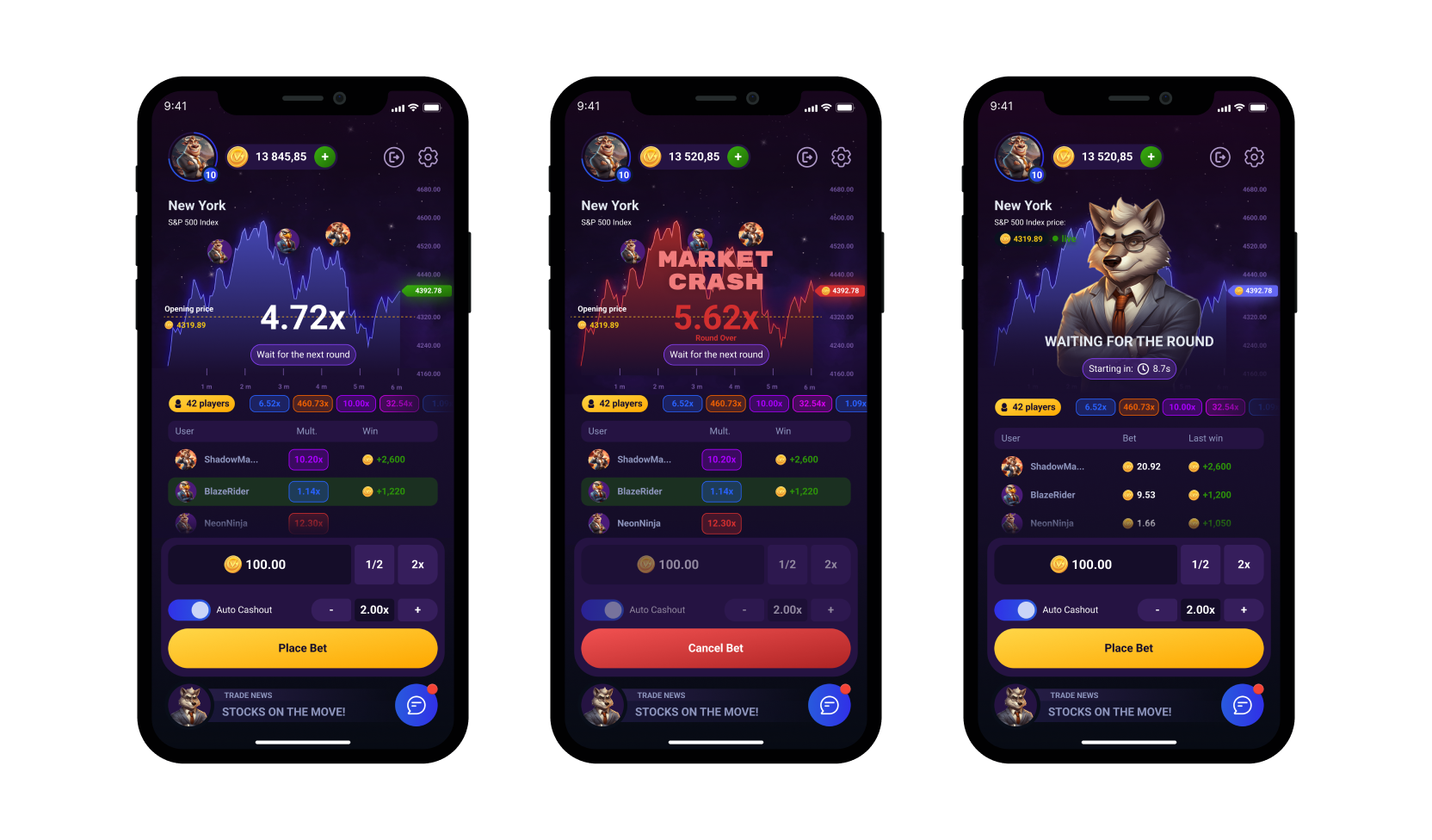 Crash games example view on three mobile screens.