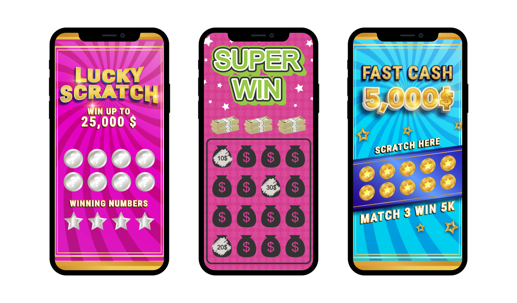 Scratch cards example view on three mobile screens