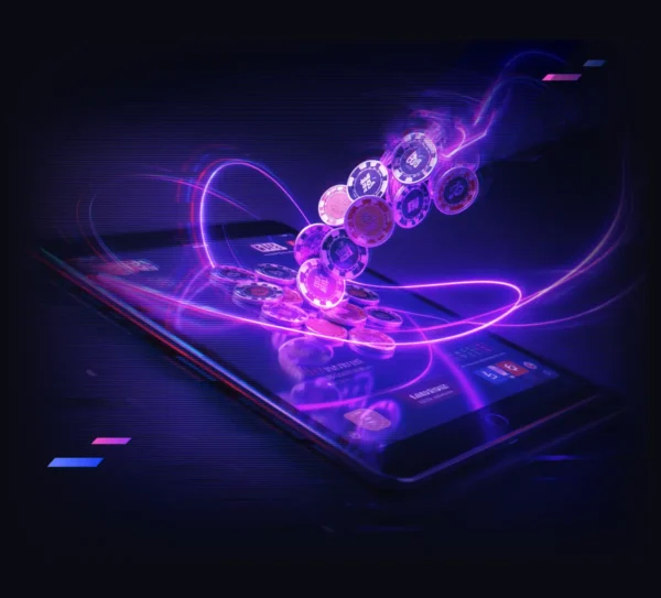 Casino Frontend Modernization shown as a glowing stream of tokens.