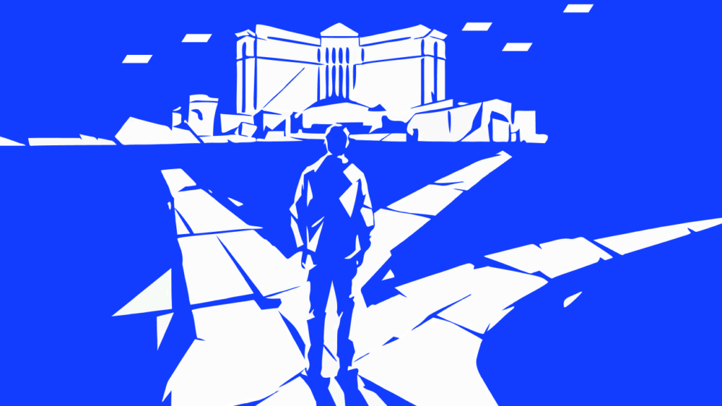 Illustration of a person standing in front of a casino building